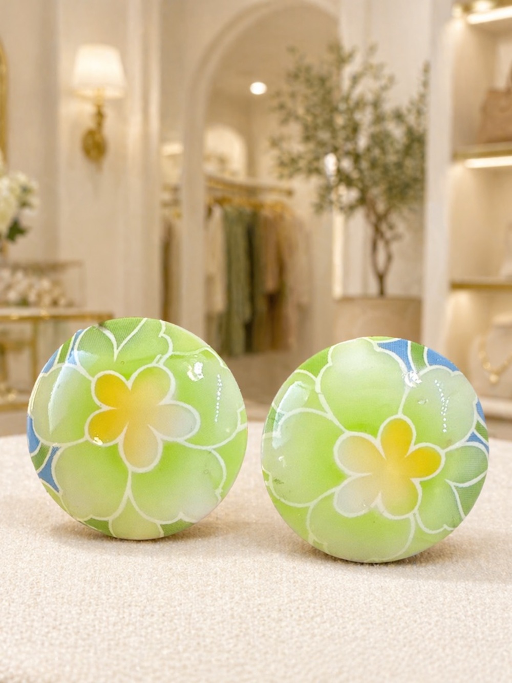 Vintage Button Stud Flower Green Yellow Blue Round Circle Fun Earrings Plastic